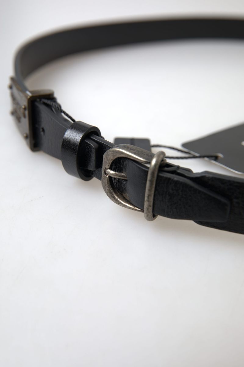 Black Leather Antique Logo Buckle Belt - 100-cm-40-inches