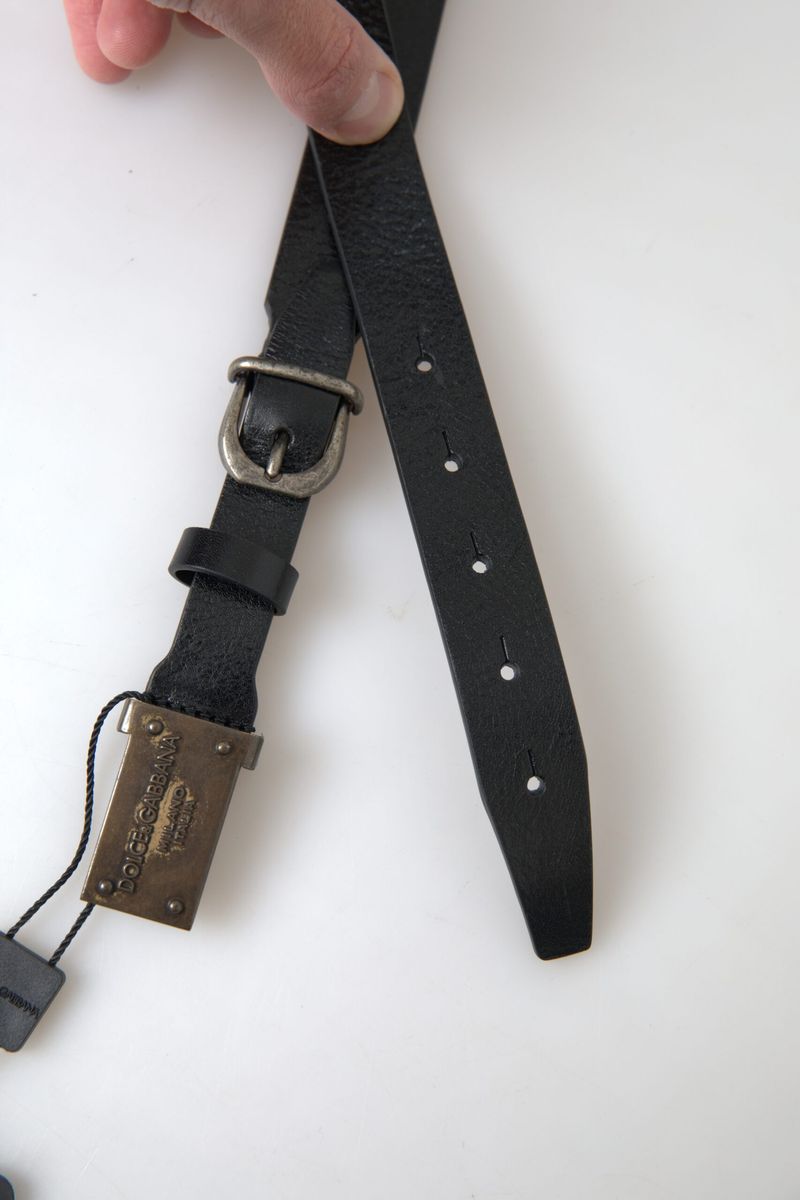 Black Leather Antique Logo Buckle Belt - 105-cm-42-inches