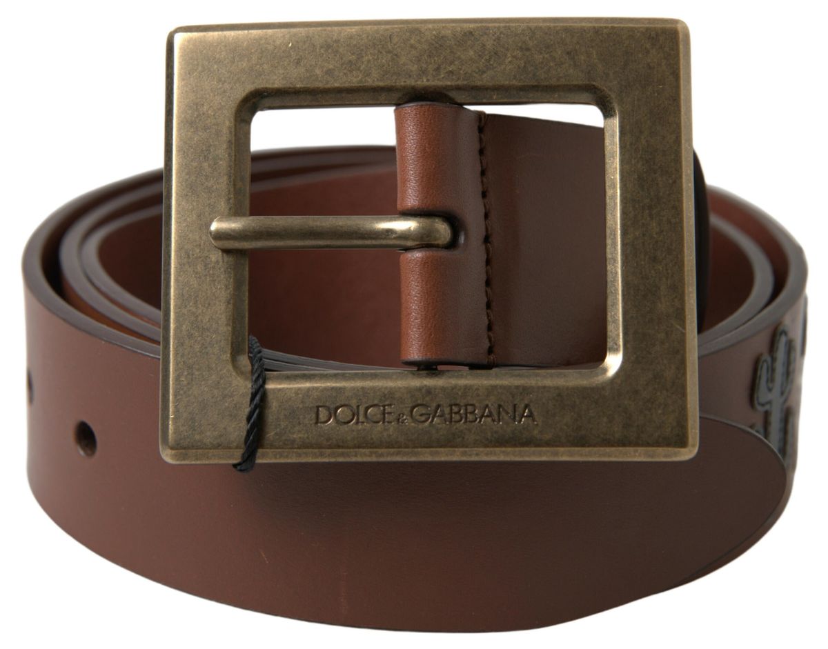 Brown Leather #DGFAMLY Square Buckle Belt - 100-cm-40-inches
