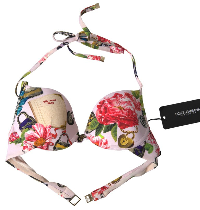 Pink Floral Halter Beachwear Swimwear Bikini Top - it1-xs