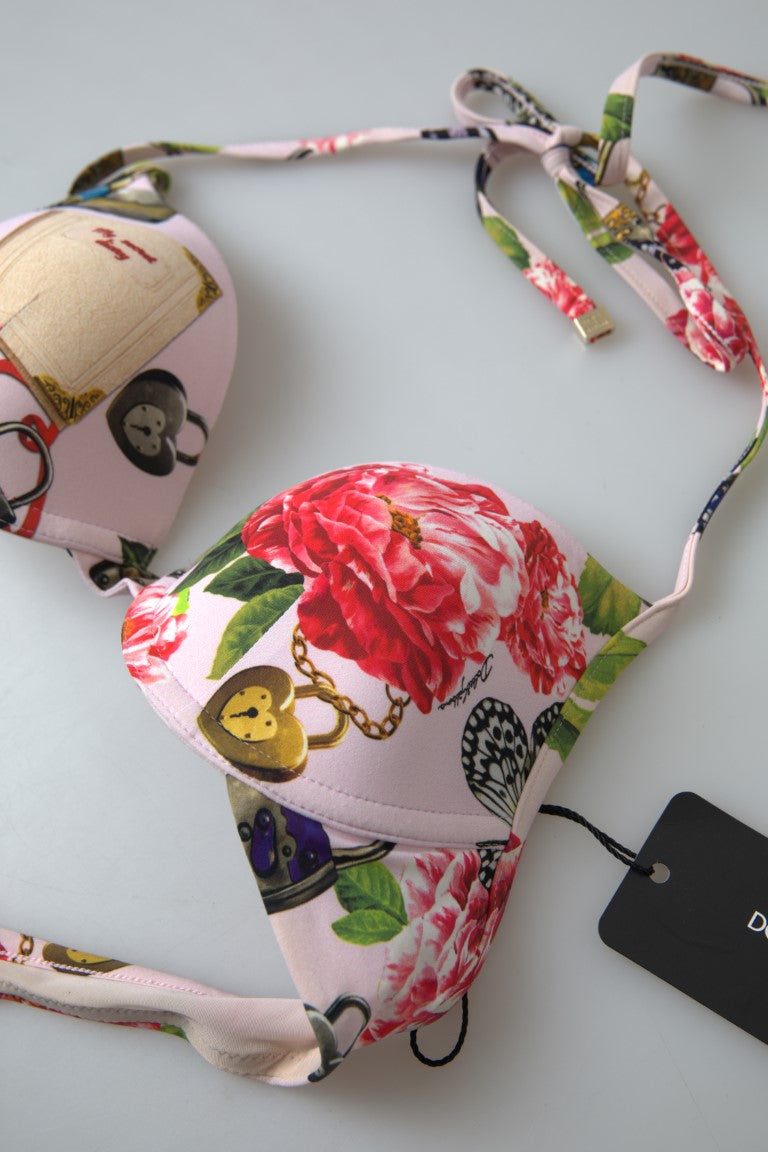 Pink Floral Halter Beachwear Swimwear Bikini Top - it1-xs