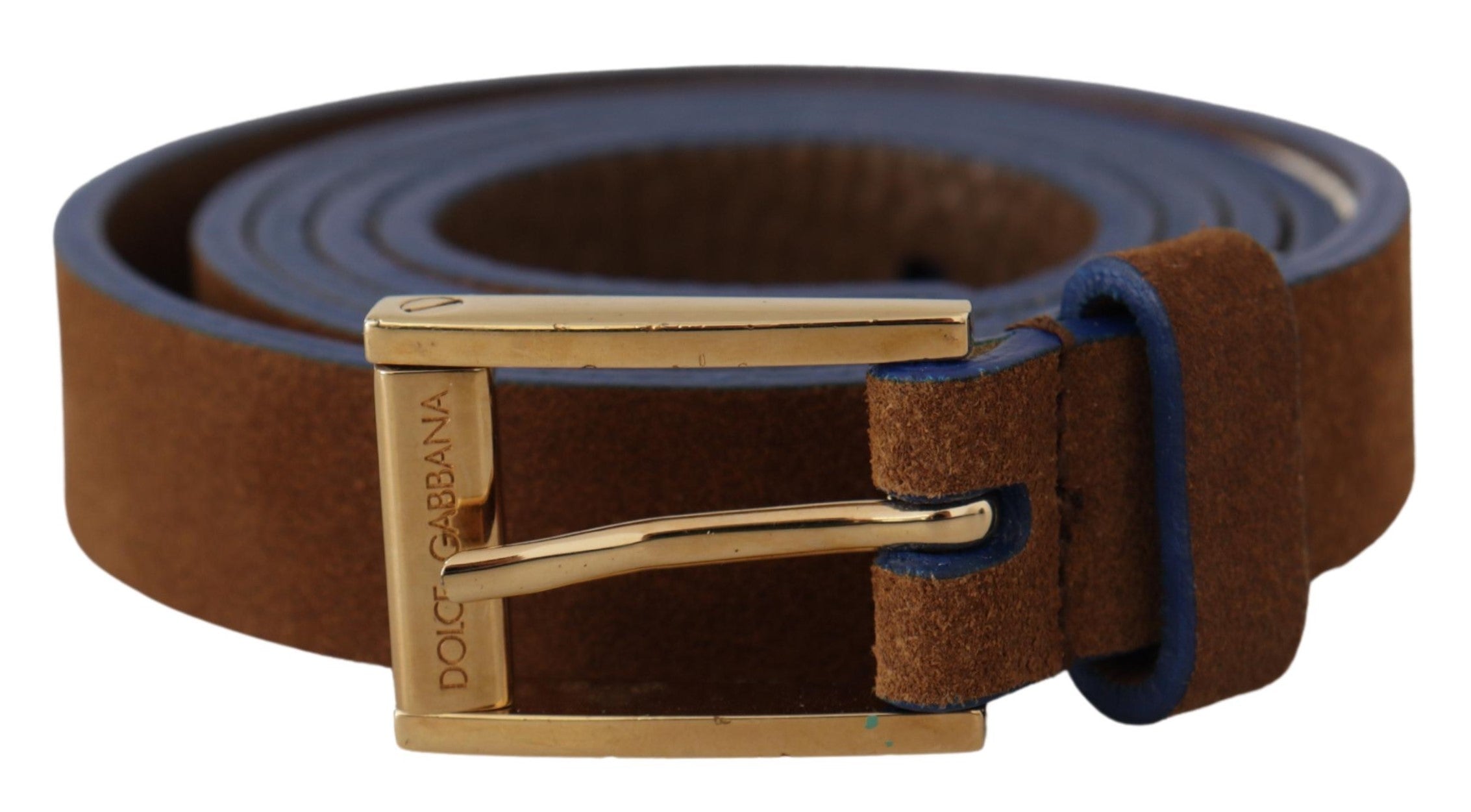 Dark Brown Blue Leather Gold Metal Buckle Belt - 90-cm-36-inches