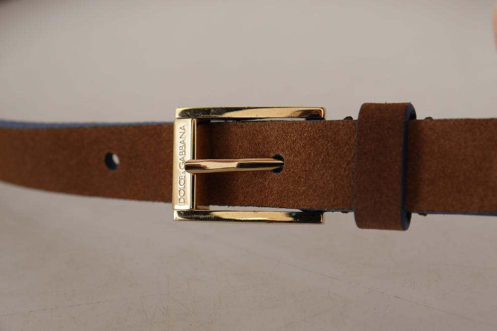 Dark Brown Blue Leather Gold Metal Buckle Belt - 90-cm-36-inches
