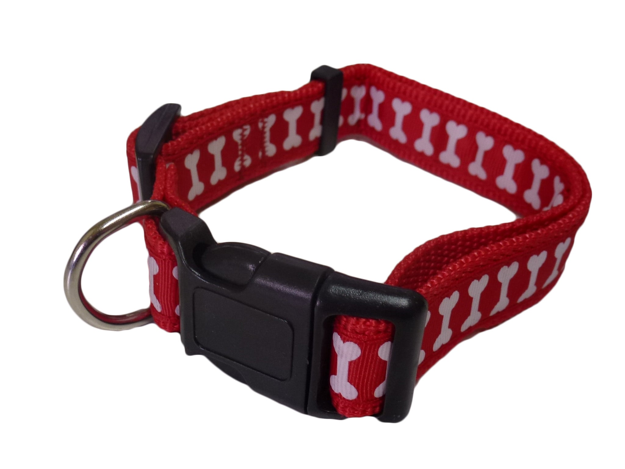 Collar sturdy dogs - adjustable - red with bones