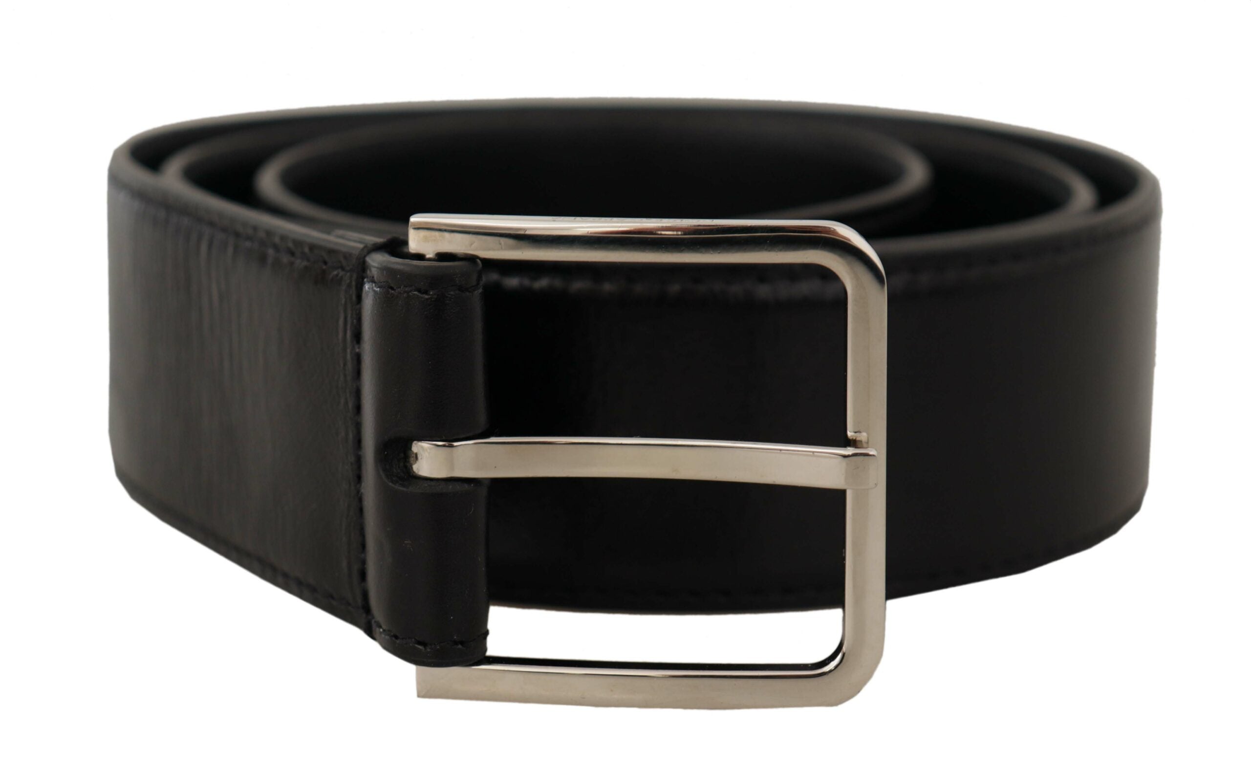 Black Calf Leather Vintage Steel Logo Buckle Belt - 90-cm-36-inches