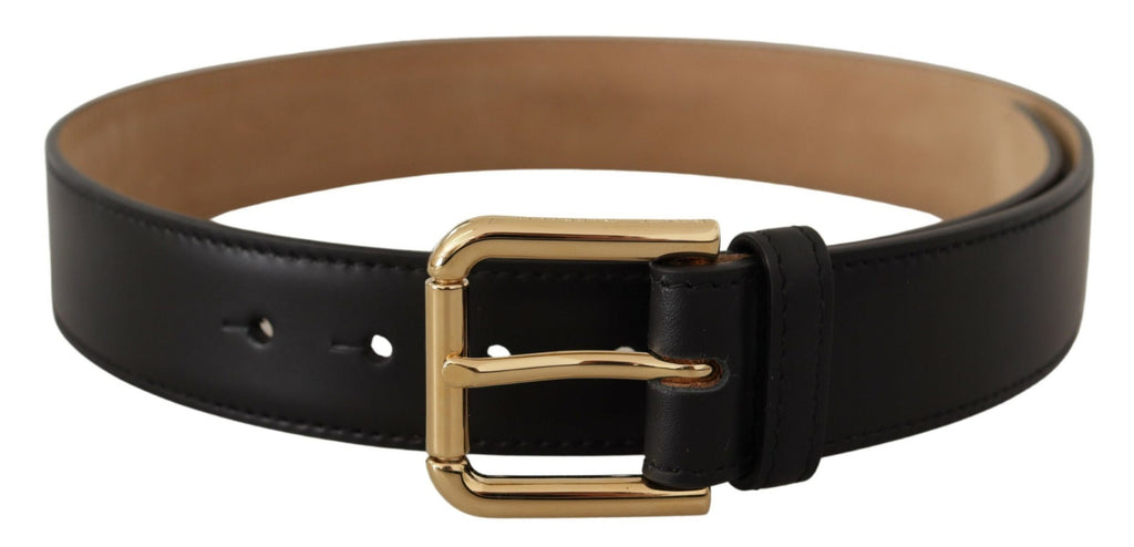 Black Solid Leather Classic Gold Waist Buckle Belt - 60-cm-24-inches