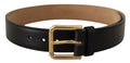 Black Solid Leather Classic Gold Waist Buckle Belt - 60-cm-24-inches