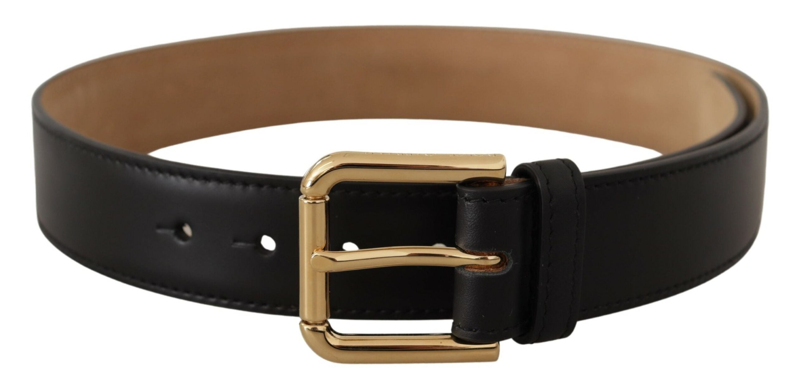 Black Solid Leather Classic Gold Waist Buckle Belt - 60-cm-24-inches