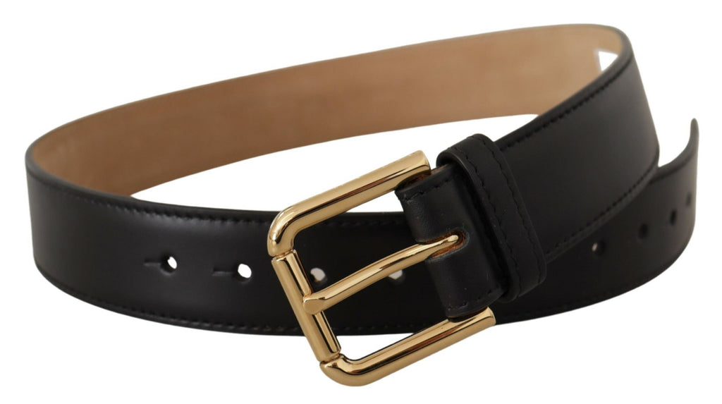 Black Solid Leather Classic Gold Waist Buckle Belt - 60-cm-24-inches