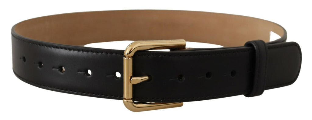 Black Solid Leather Classic Gold Waist Buckle Belt - 60-cm-24-inches