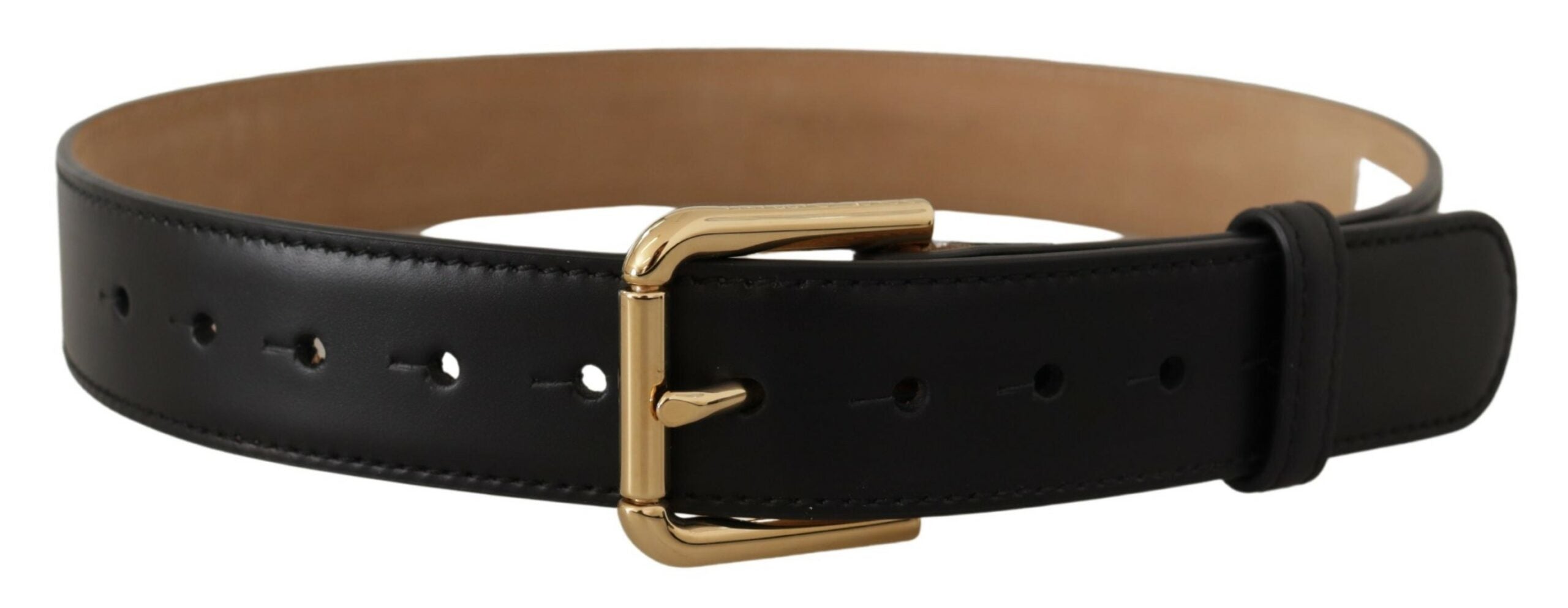 Black Solid Leather Classic Gold Waist Buckle Belt - 60-cm-24-inches