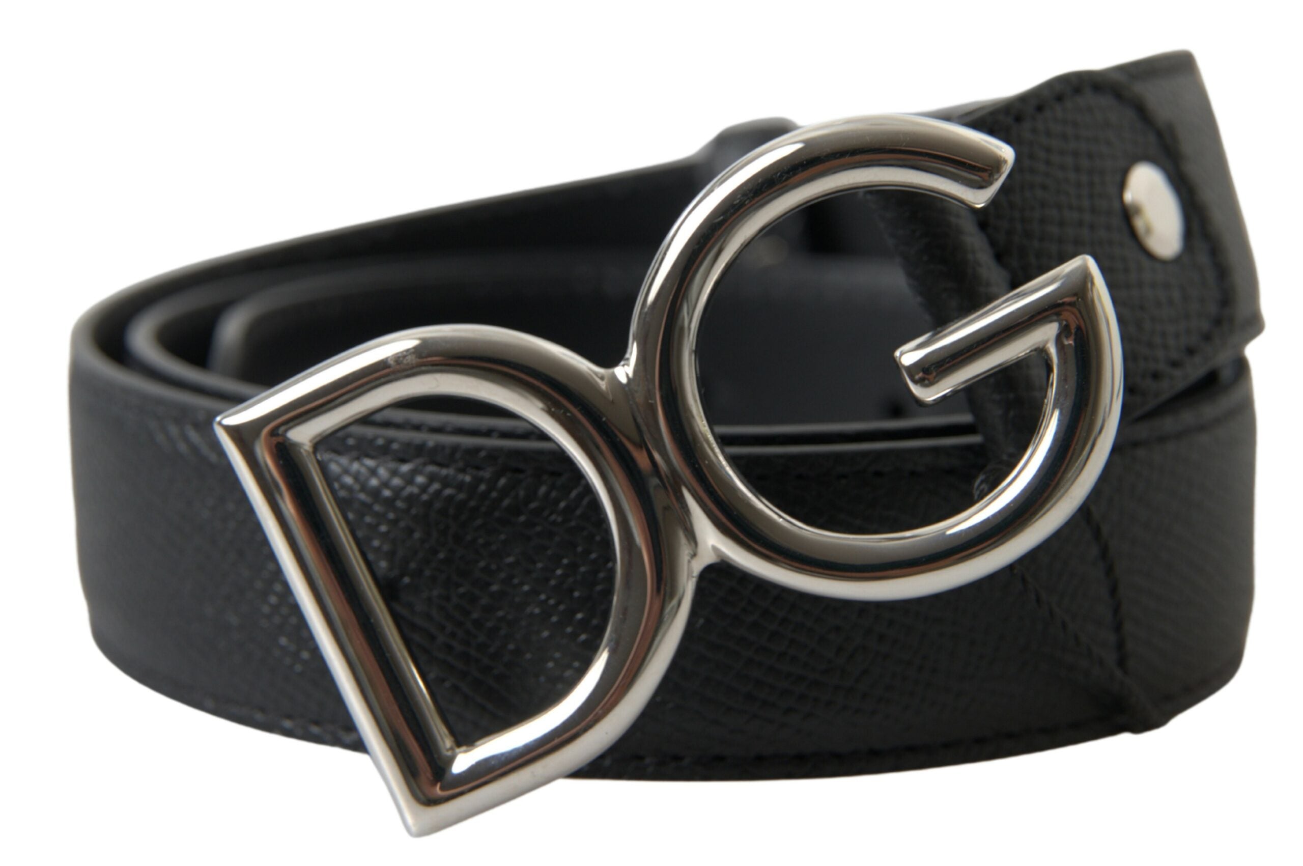 Black Leather Silver Logo Metal Buckle Belt - 75-cm-30-inches