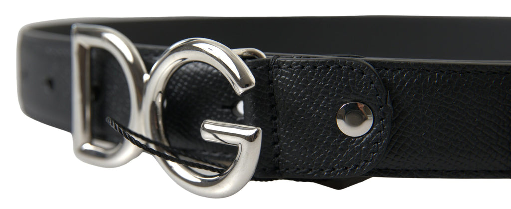 Black Leather Silver Logo Metal Buckle Belt - 75-cm-30-inches