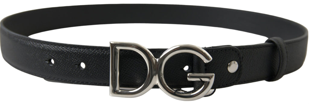 Black Leather Silver Logo Metal Buckle Belt - 75-cm-30-inches