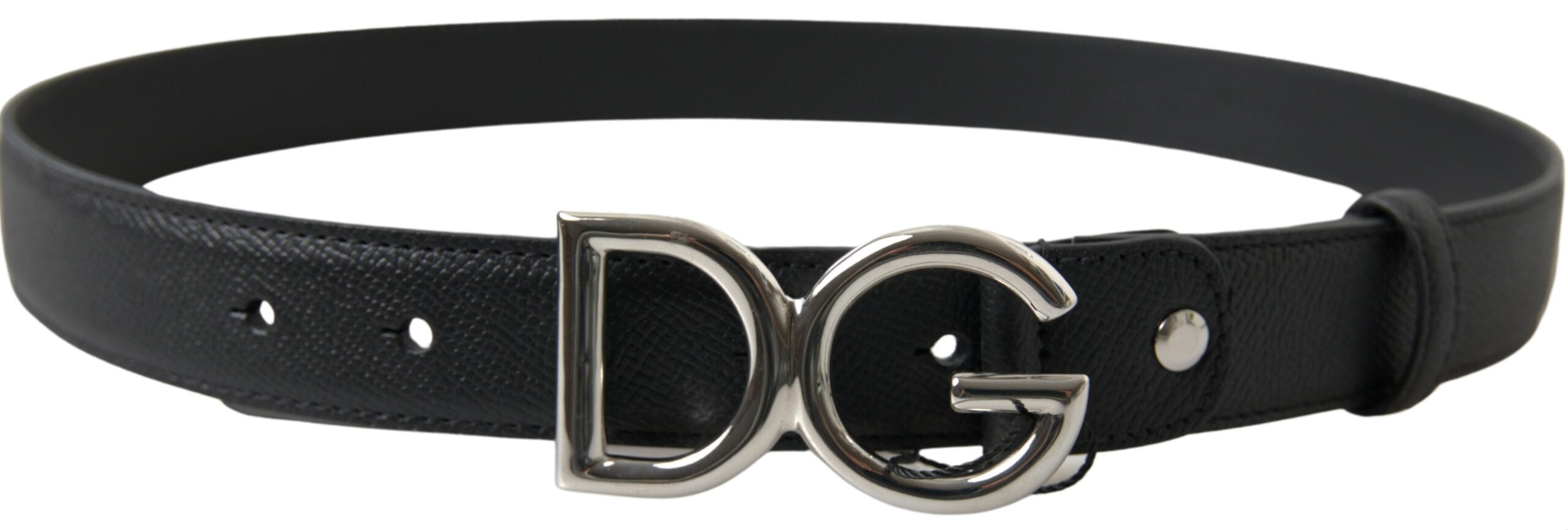 Black Leather Silver Logo Metal Buckle Belt - 75-cm-30-inches