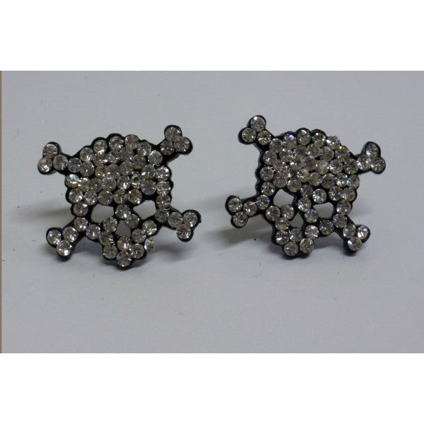 Pair of earrings with skull and bones covered with rhinestones