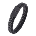 Braided Leather Bracelet - Stainless Steel Clasp- Black/Black 165mm