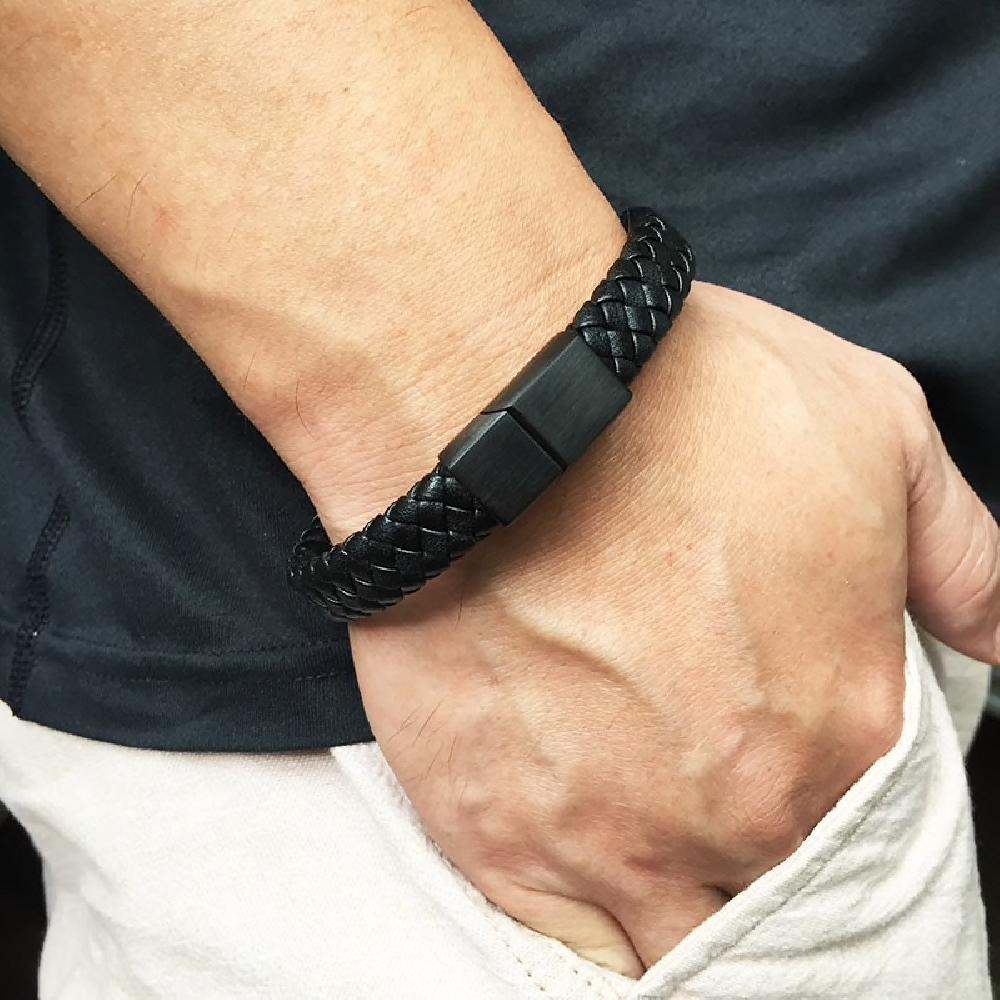 Braided Leather Bracelet - Stainless Steel Clasp- Black/Black 165mm