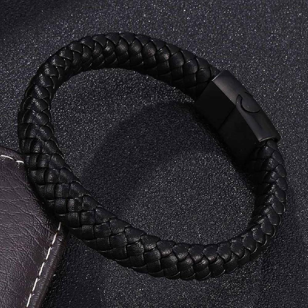 Braided Leather Bracelet - Stainless Steel Clasp- Black/Black 165mm