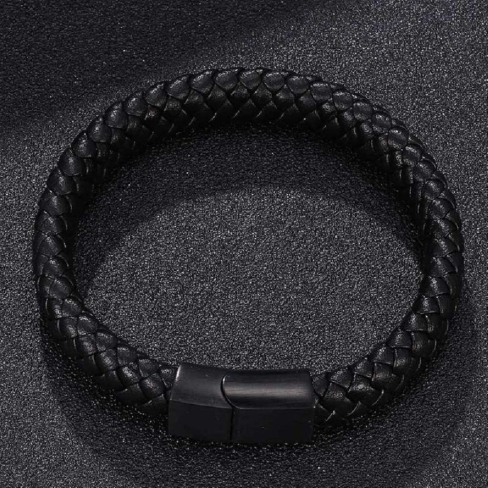 Braided Leather Bracelet - Stainless Steel Clasp- Black/Black 165mm