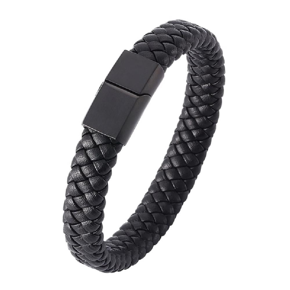 Braided Leather Bracelet - Stainless Steel Clasp- Black/Black 185mm