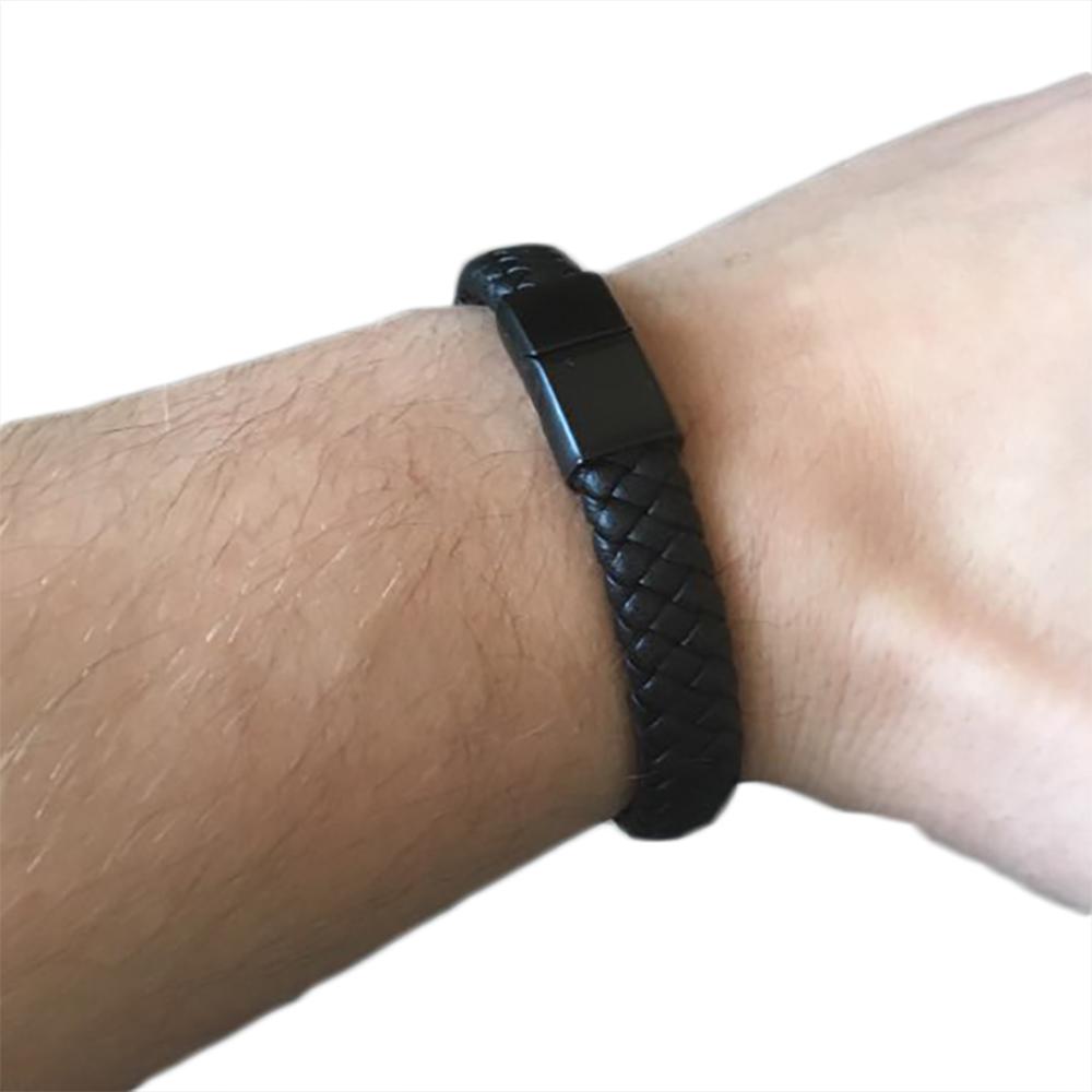 Braided Leather Bracelet - Stainless Steel Clasp- Black/Black 185mm
