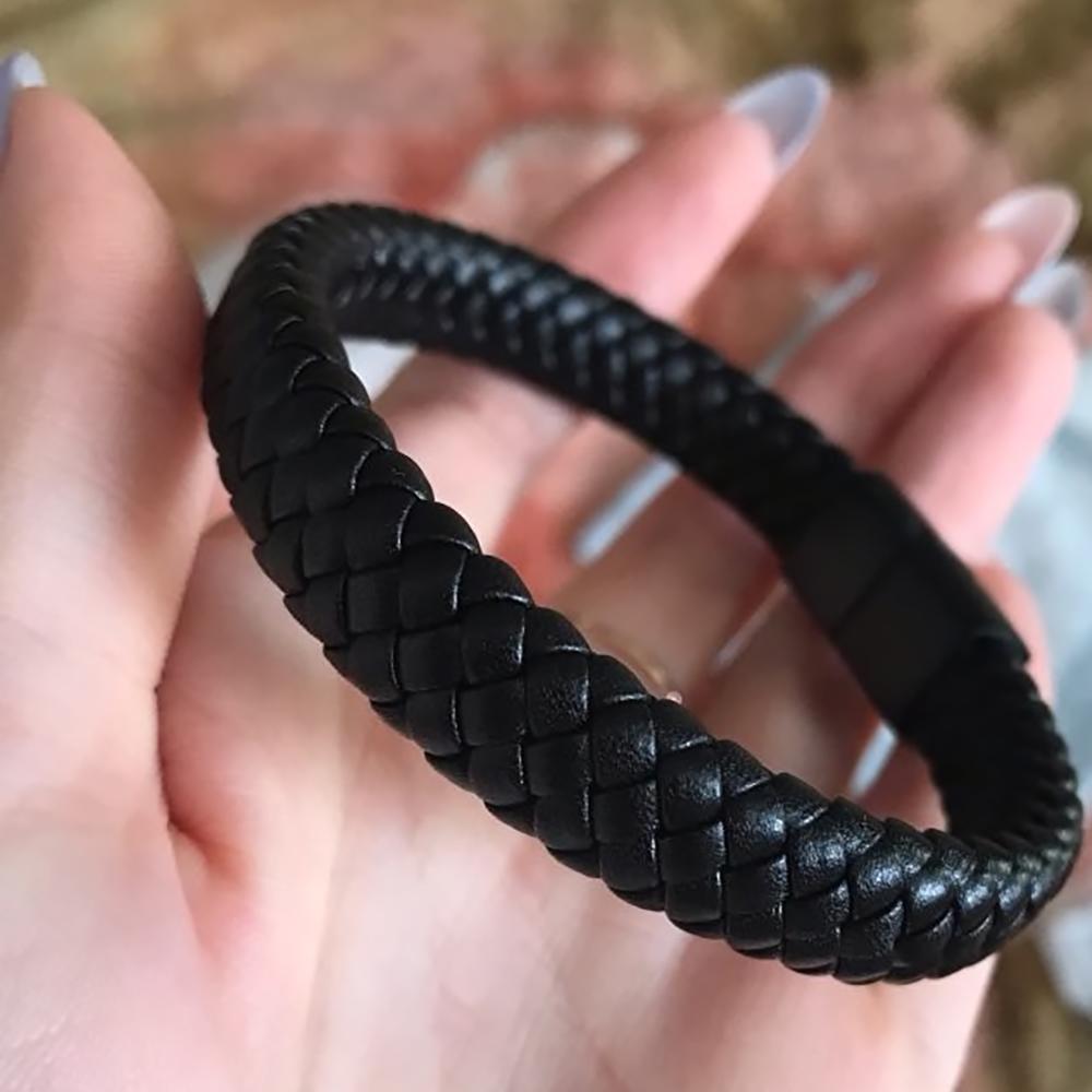 Braided Leather Bracelet - Stainless Steel Clasp- Black/Black 205mm