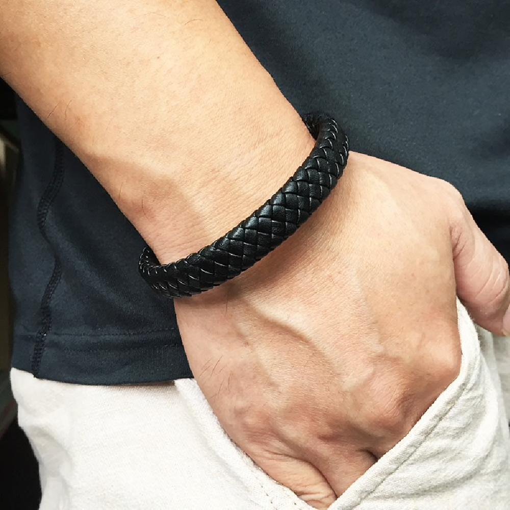 Braided Leather Bracelet - Stainless Steel Clasp- Black/Black 205mm
