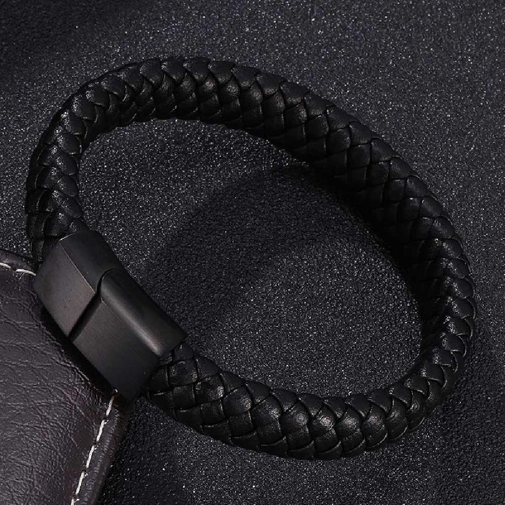Braided Leather Bracelet - Stainless Steel Clasp- Black/Black 205mm