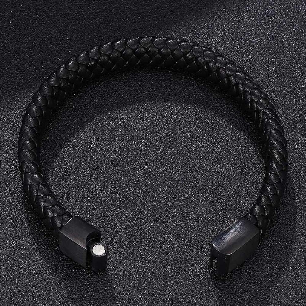 Braided Leather Bracelet - Stainless Steel Clasp- Black/Black 205mm