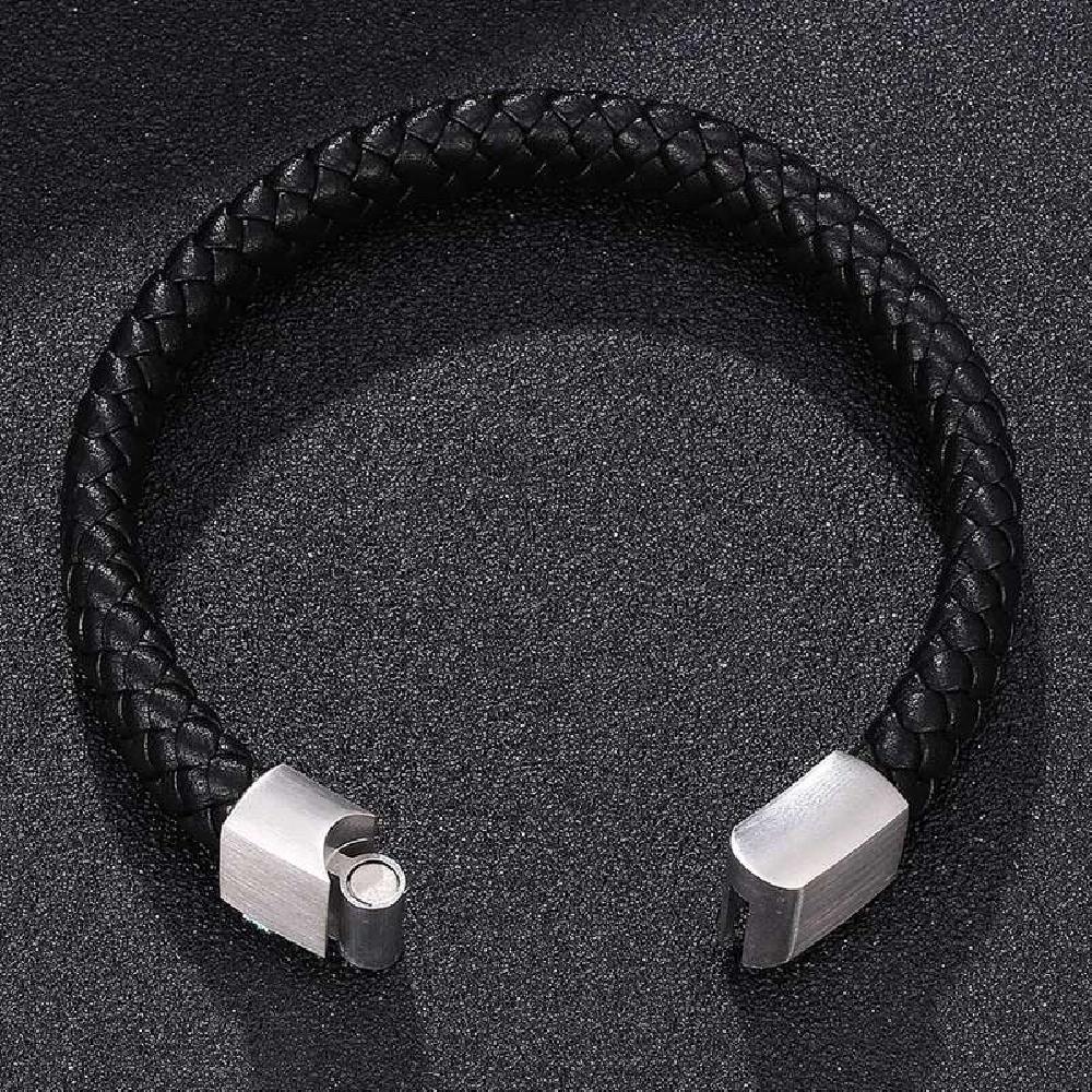 Braided Leather Bracelet - Stainless Steel Clasp- Black/Grey 165mm