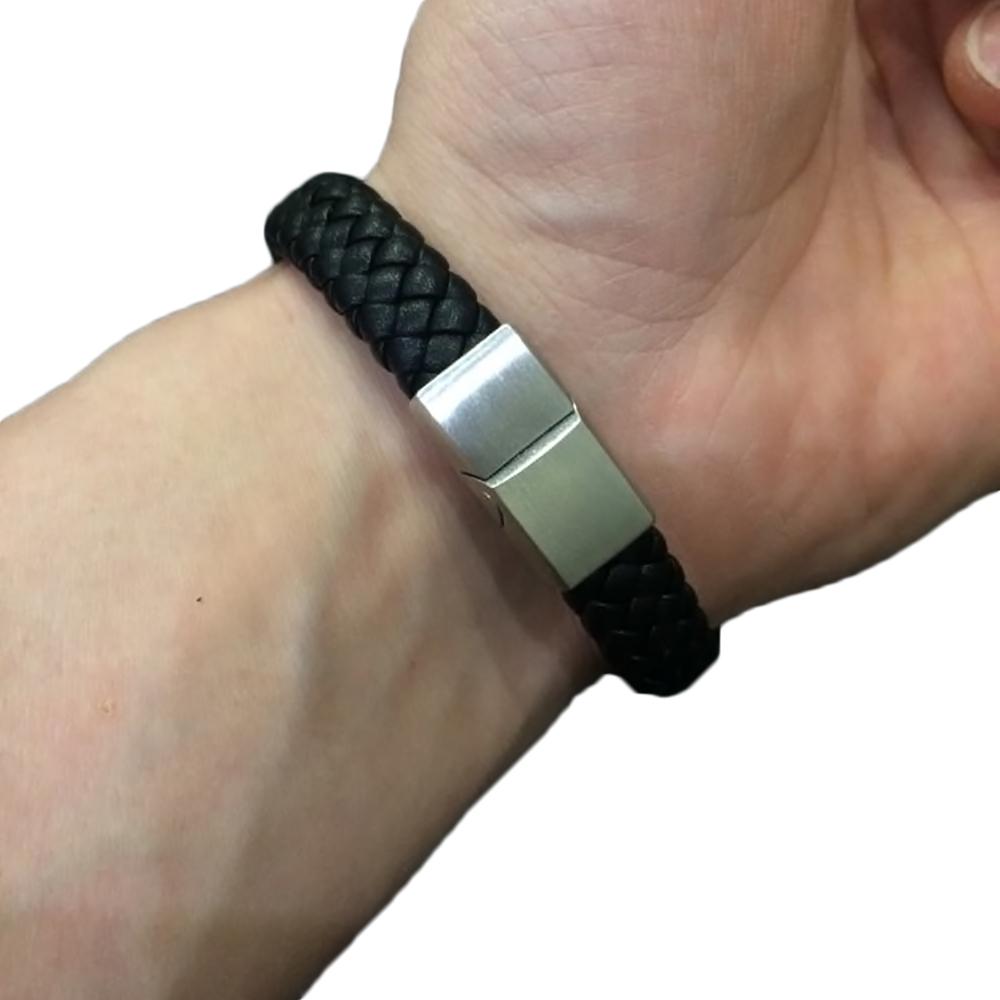 Braided Leather Bracelet - Stainless Steel Clasp- Black/Grey 185mm