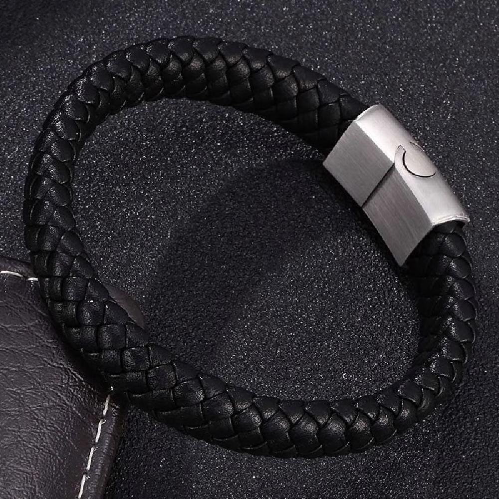 Braided Leather Bracelet - Stainless Steel Clasp- Black/Grey 185mm
