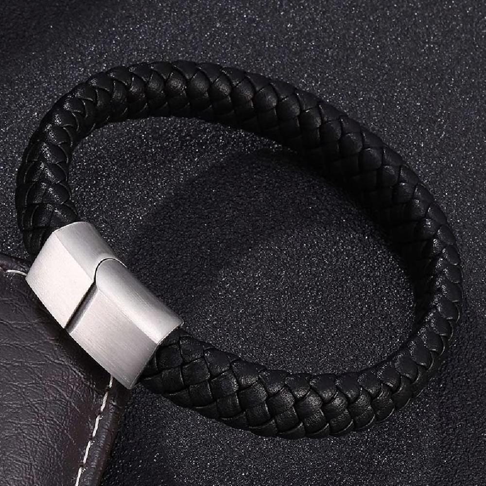 Braided Leather Bracelet - Stainless Steel Clasp- Black/Grey 185mm
