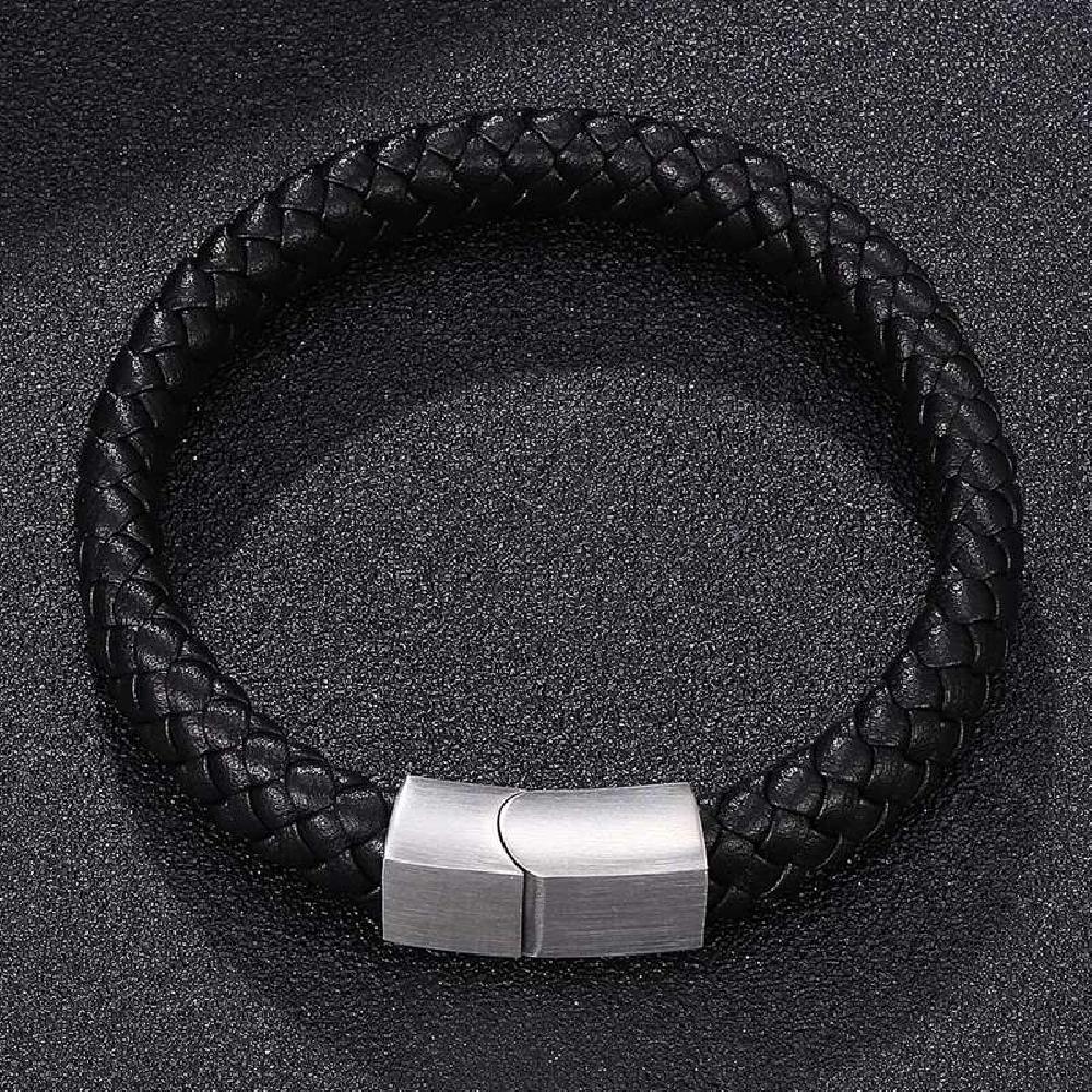 Braided Leather Bracelet - Stainless Steel Clasp- Black/Grey 185mm