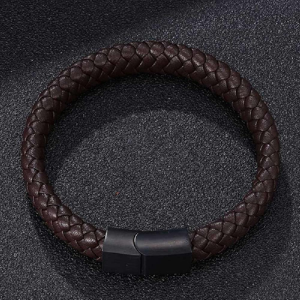 Braided Leather Bracelet - Stainless Steel Clasp- Brown/Black 165mm