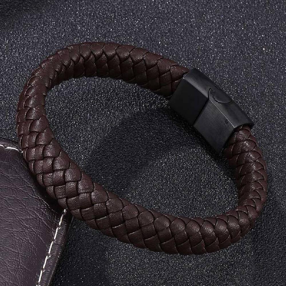 Braided Leather Bracelet - Stainless Steel Clasp- Brown/Black 165mm