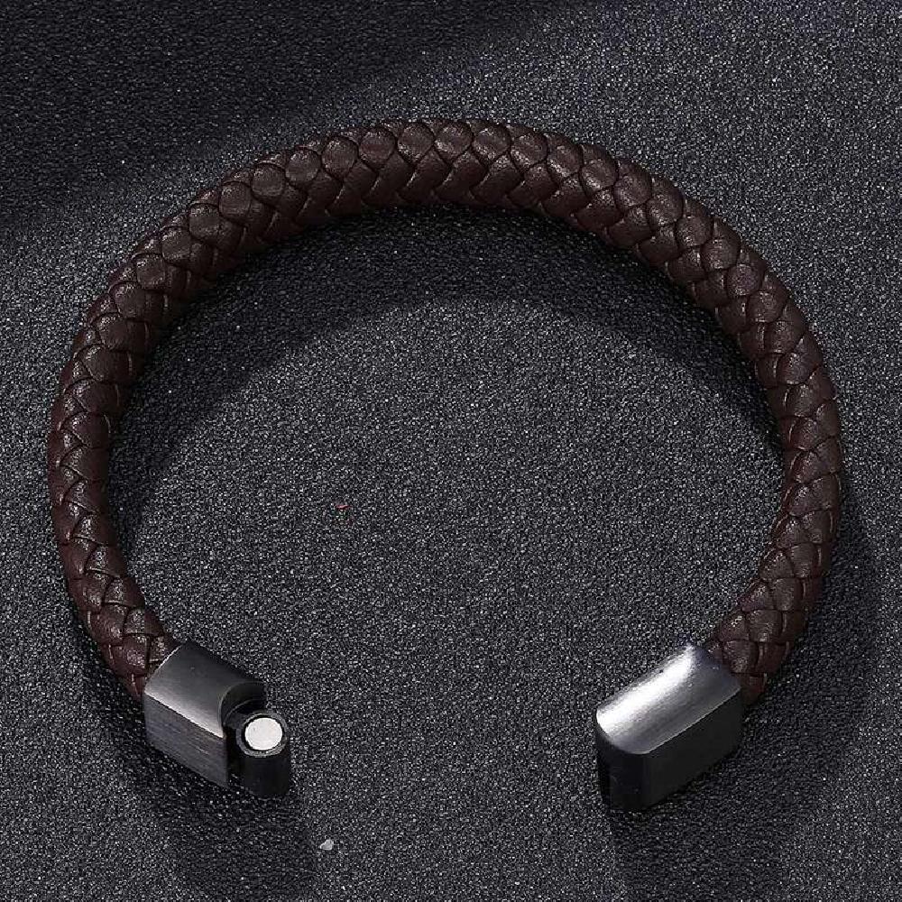 Braided Leather Bracelet - Stainless Steel Clasp- Brown/Black 165mm