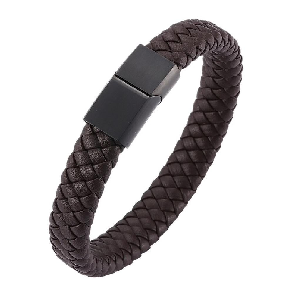 Braided Leather Bracelet - Stainless Steel Clasp- Brown/Black 185mm