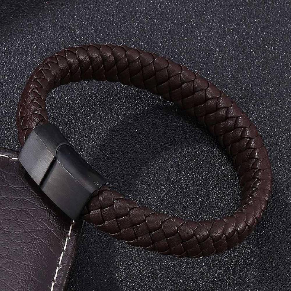 Braided Leather Bracelet - Stainless Steel Clasp- Brown/Black 205mm