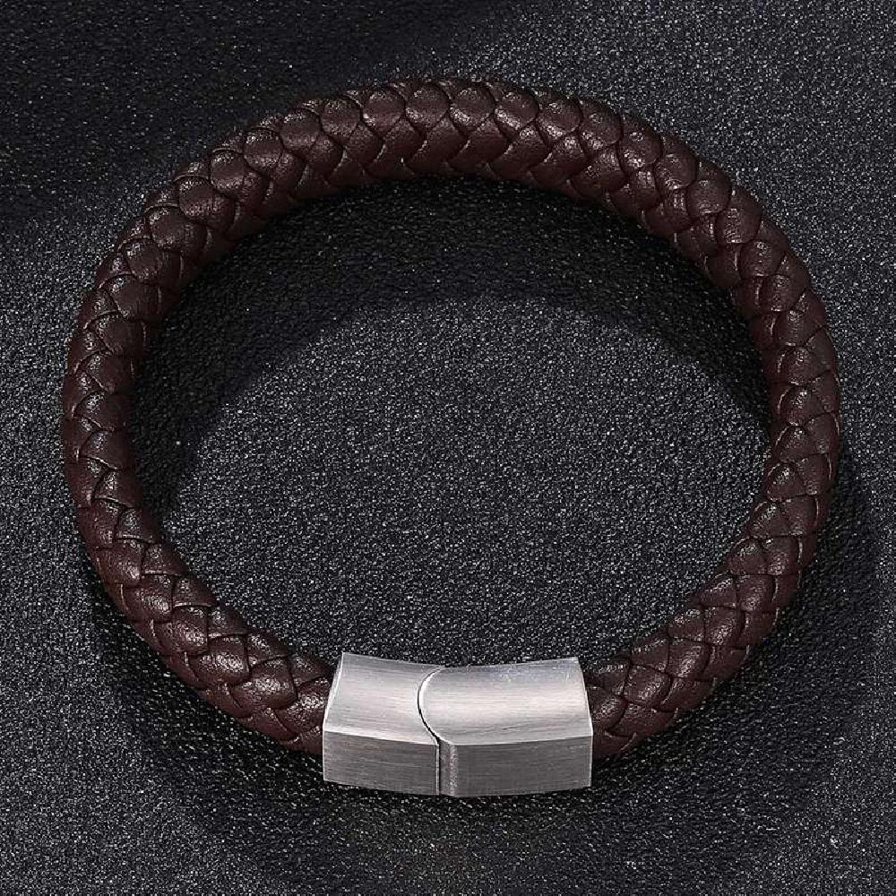 Braided Leather Bracelet - Stainless Steel Clasp- Brown/Grey 165mm