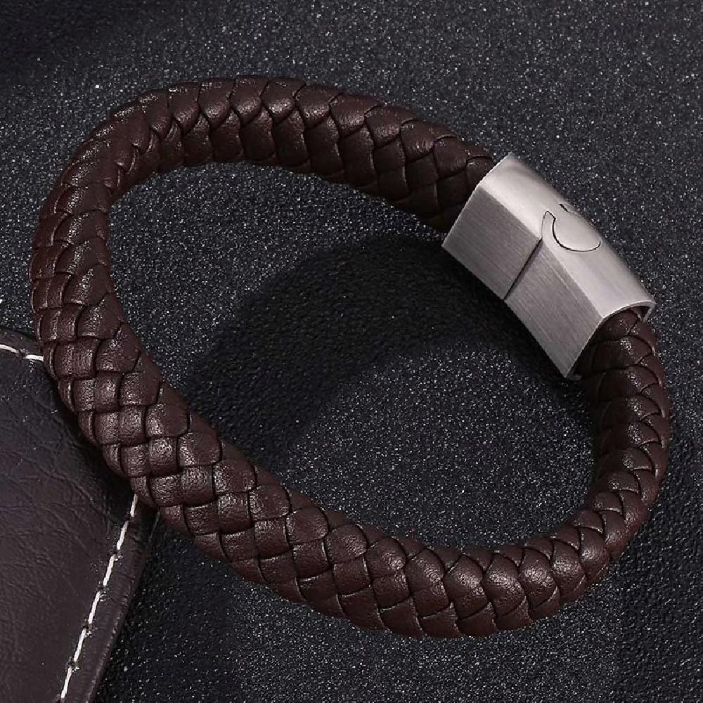 Braided Leather Bracelet - Stainless Steel Clasp- Brown/Grey 165mm