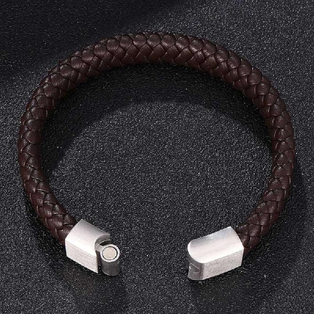 Braided Leather Bracelet - Stainless Steel Clasp- Brown/Grey 185mm