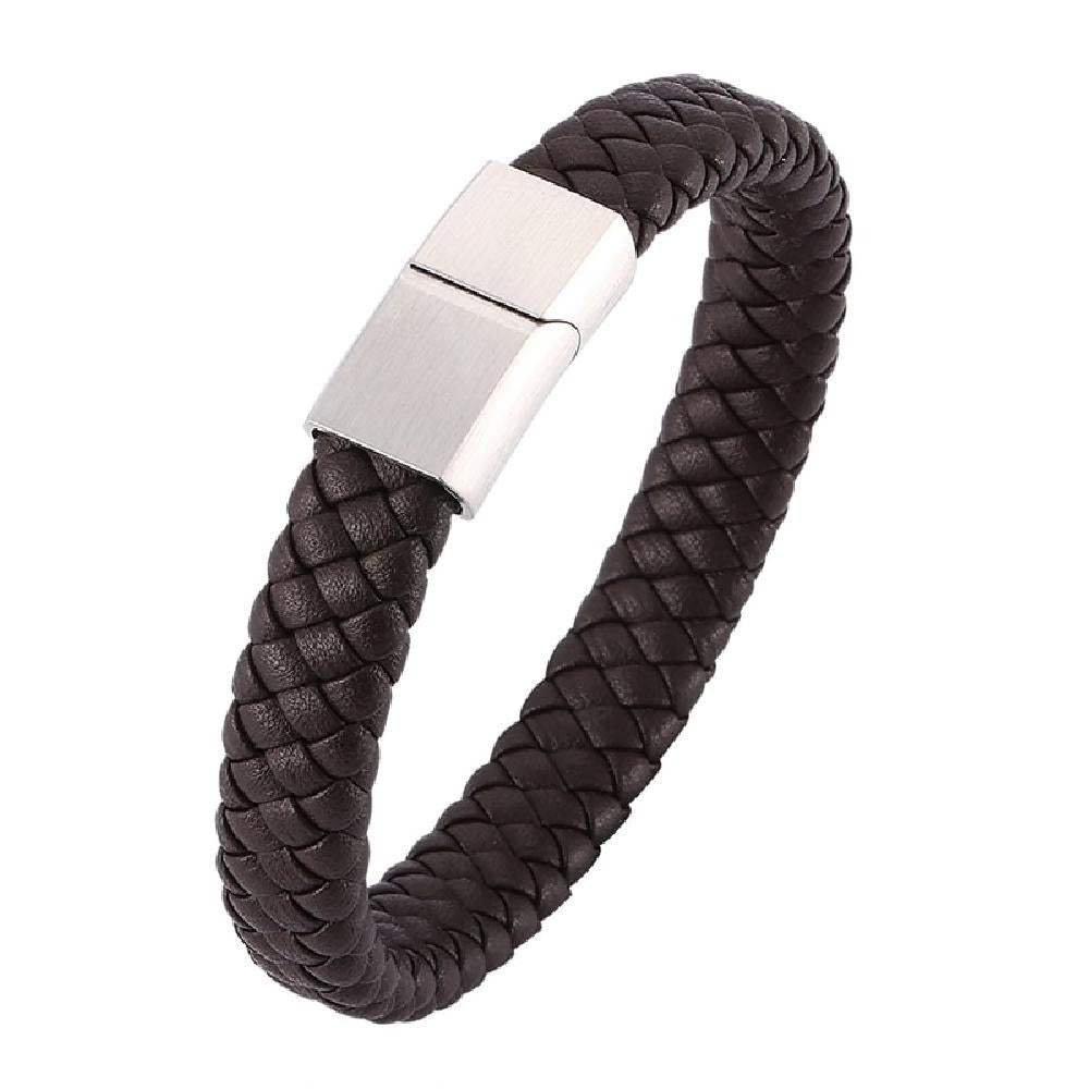 Braided Leather Bracelet - Stainless Steel Clasp- Brown/Grey 205mm