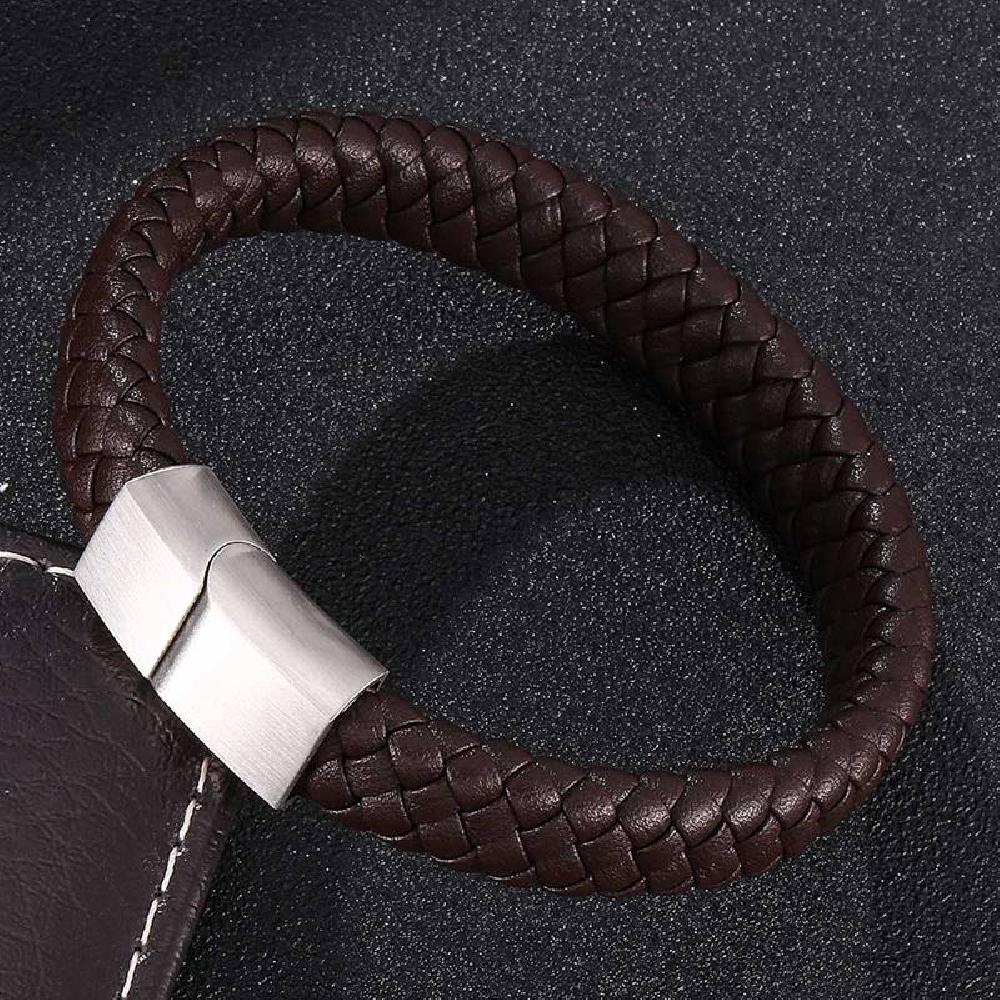 Braided Leather Bracelet - Stainless Steel Clasp- Brown/Grey 205mm