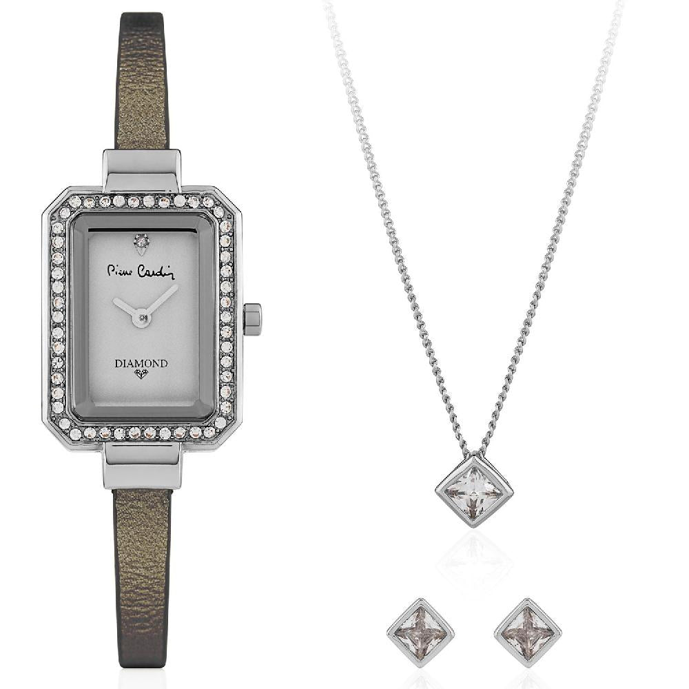 Gift Set Pierre Cardin Watch PCDX7925L4 Women Silver+necklace+earrings