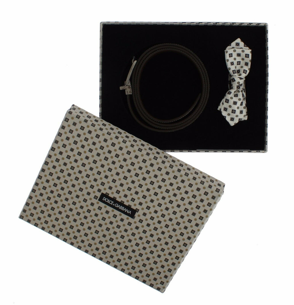 White Silk Bowtie Leather Men Belt Gift Box - 115-cm-46-inches