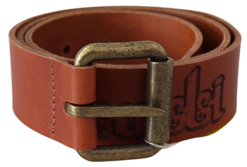 Brown Leather Logo Bronze Rustic Metal Buckle Belt - 85-cm-34-inches
