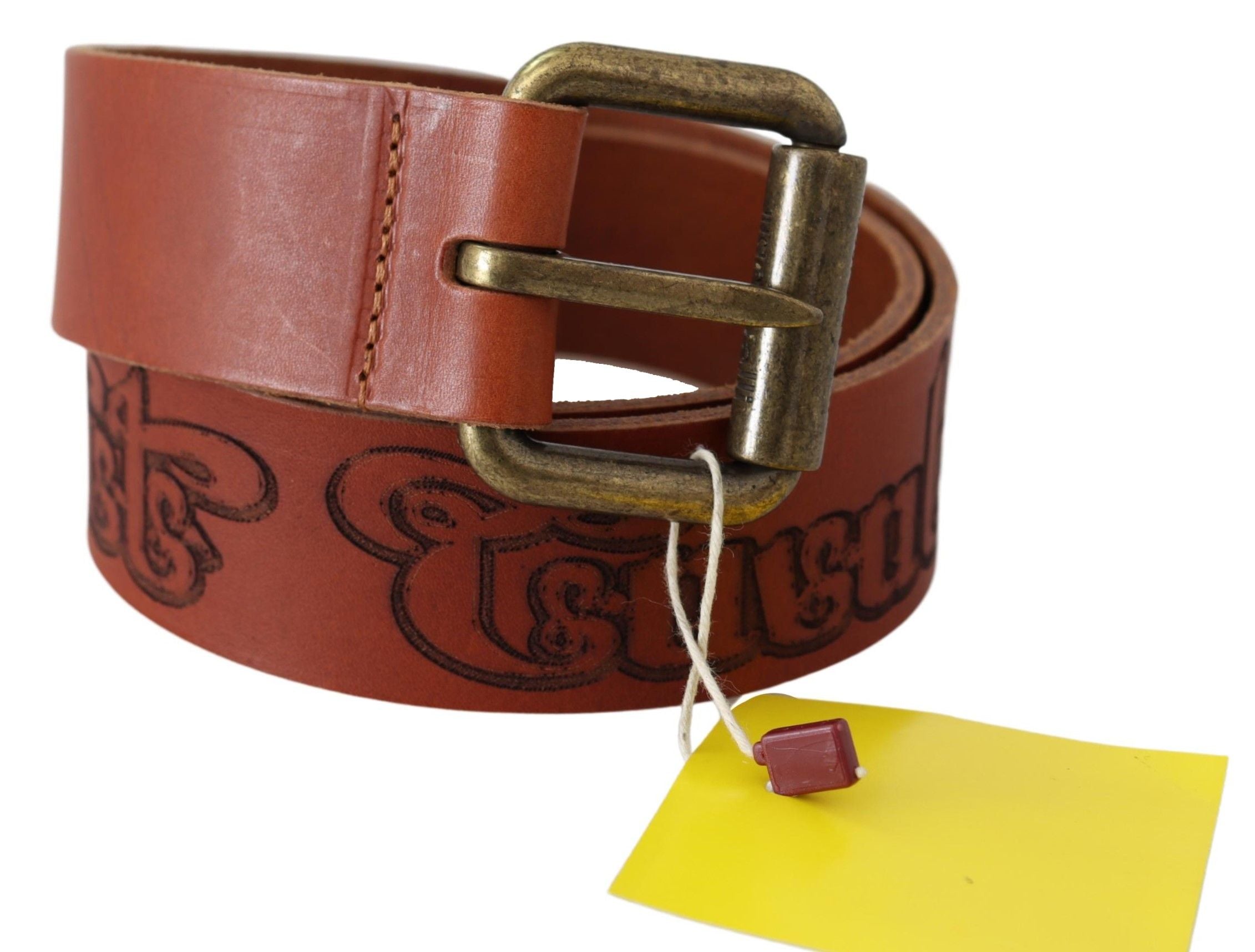 Brown Leather Logo Bronze Rustic Metal Buckle Belt - 85-cm-34-inches