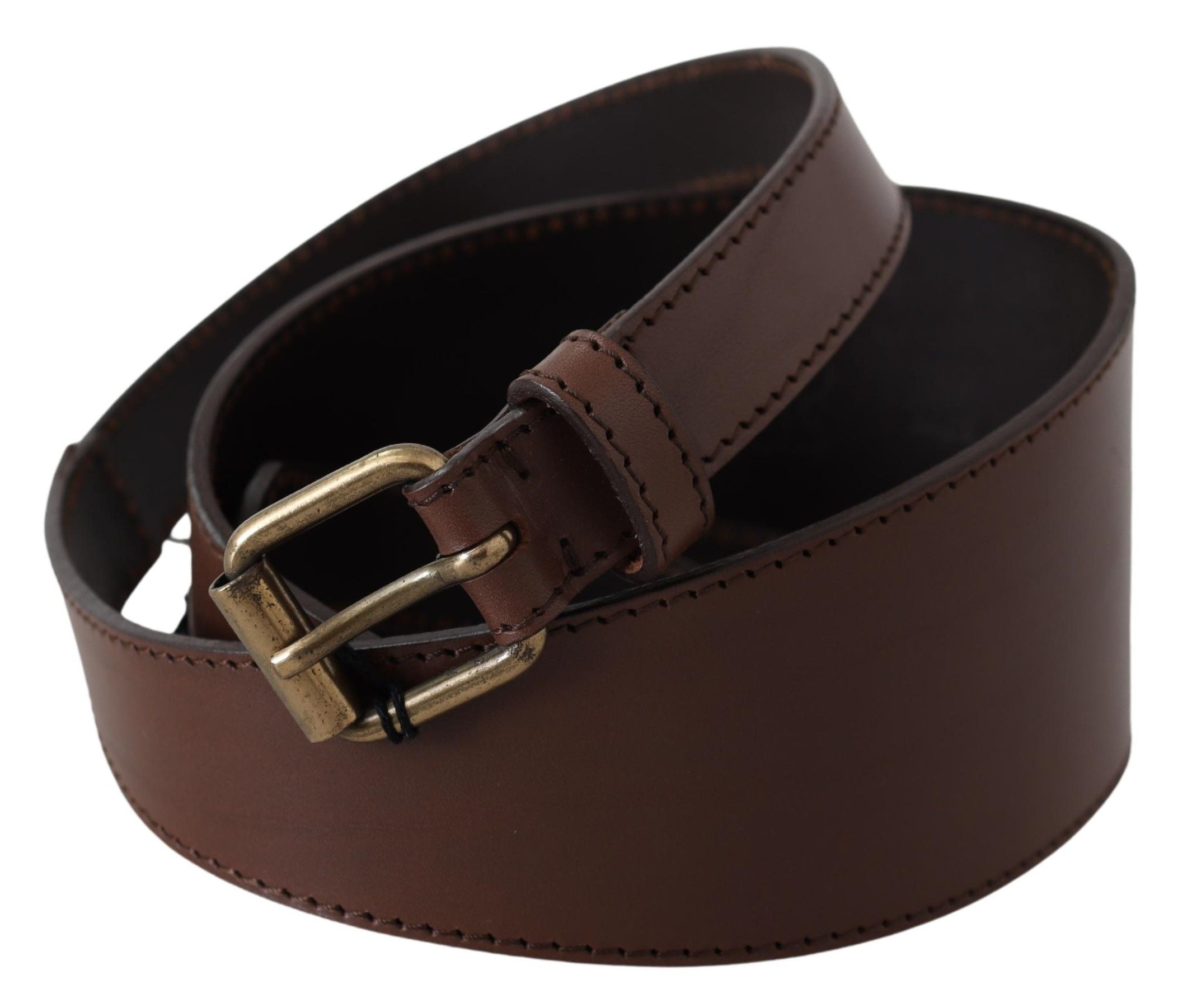 Brown Leather Gold Metal Buckle Belt - 130cm-50inch